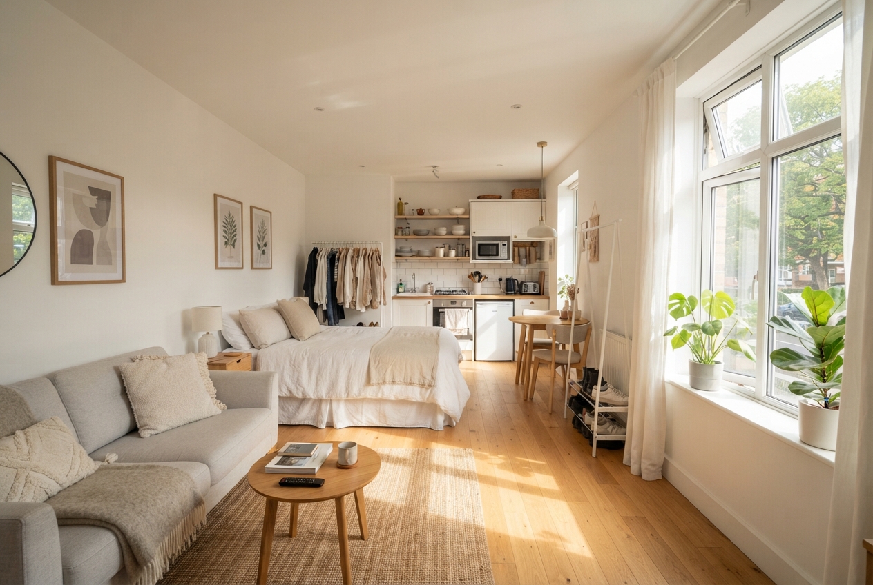 Bright furnished studio apartment interior
